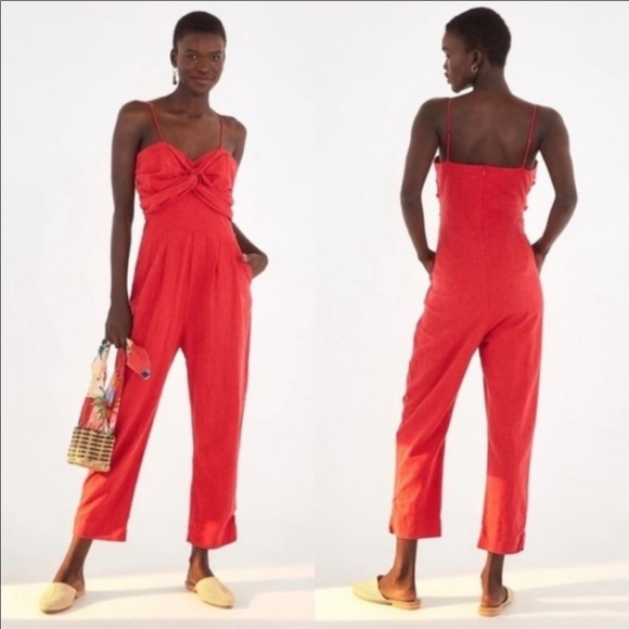 FARM Rio Pants - Farm Rio Linen Cherry Red Jumpsuit Twist Top Anthropologie Size XS NEW